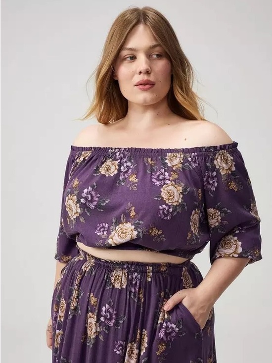 torrid Tops - torrid Purple Floral Off-Shoulder Crop Top